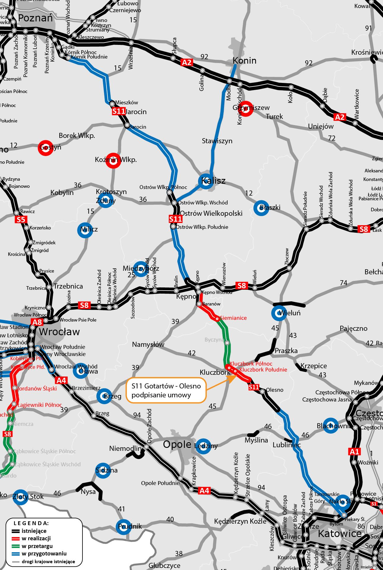 Droga ekspresowa S11. Mapka odcinka Gotartów–Olesno. Źródło: GDDKiA